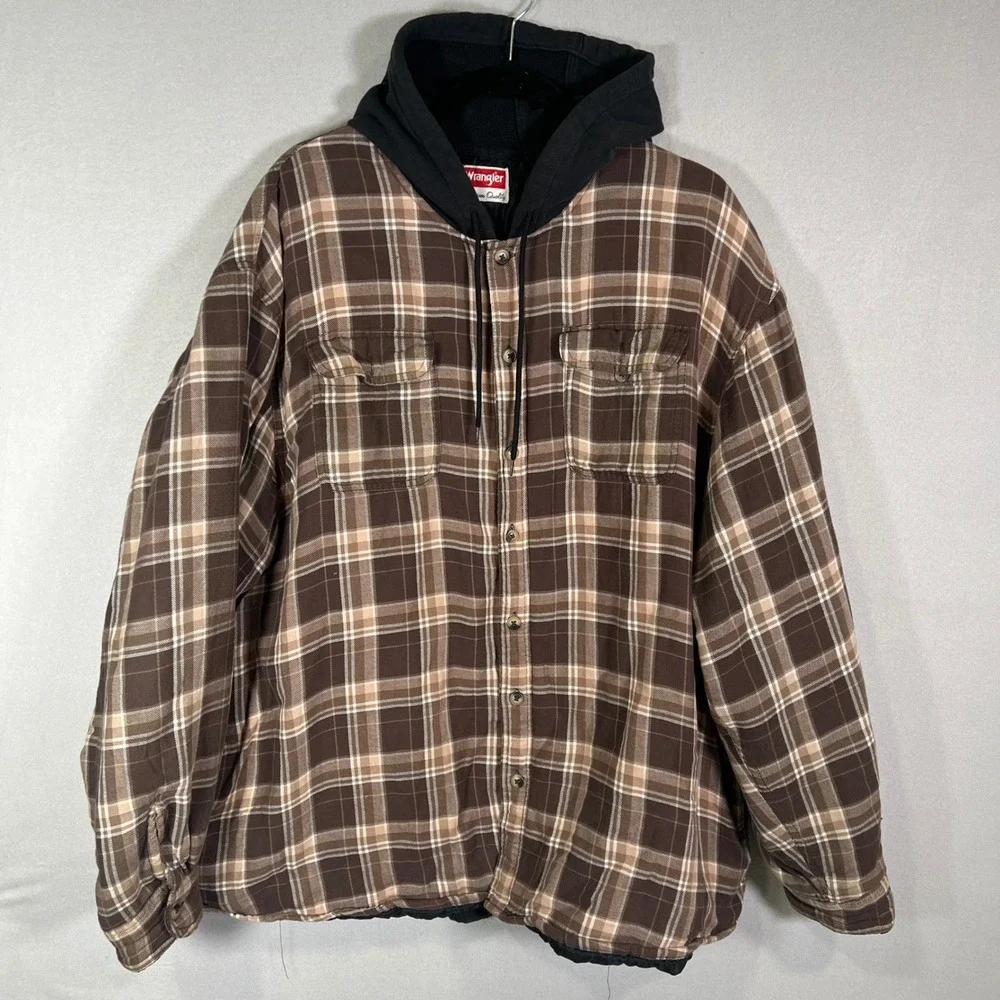 Wrangler Hooded Flannel Shirt Jacket 3XL Brown Plaid Quilted Y2K Button Workwear